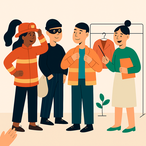 En illustrasjon av en brannmann, en tyv, en mann og en kvinne.