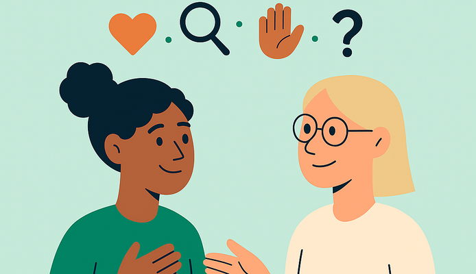 a cartoon illustration of a woman talking to another woman