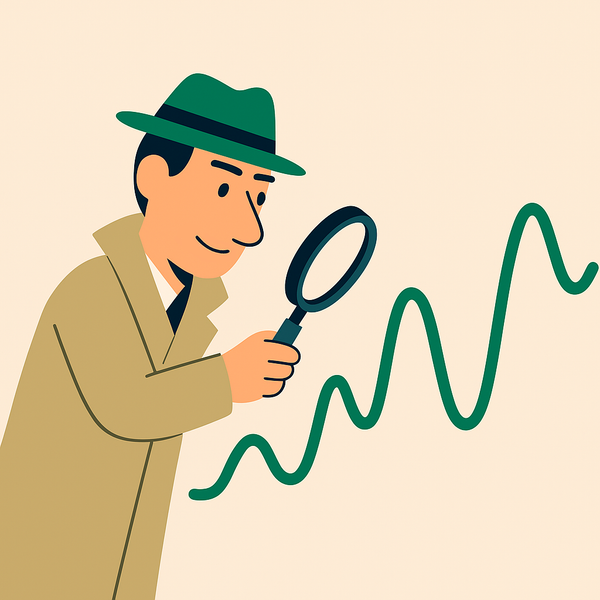 En mann med hatt ser gjennom et forstørrelsesglass på en graf.