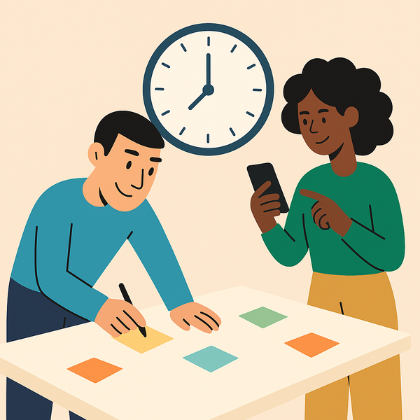 En mann skriver på et ark mens en kvinne ser på telefonen sin.