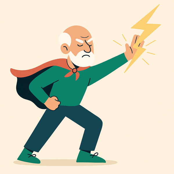 En mann med kappe avleder et lyn med hånden.