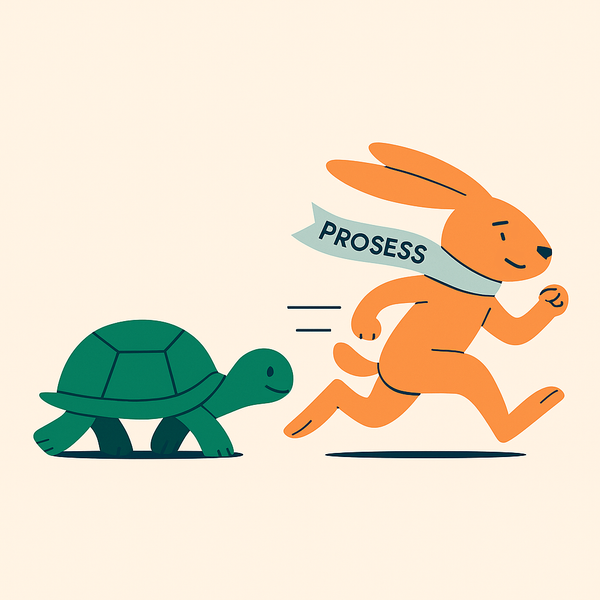 En kanin løper foran en skilpadde med et banner der det står "prosess".