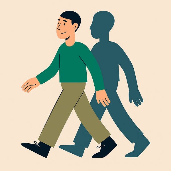 En illustrasjon av en mann som går med skyggen sin bak seg.