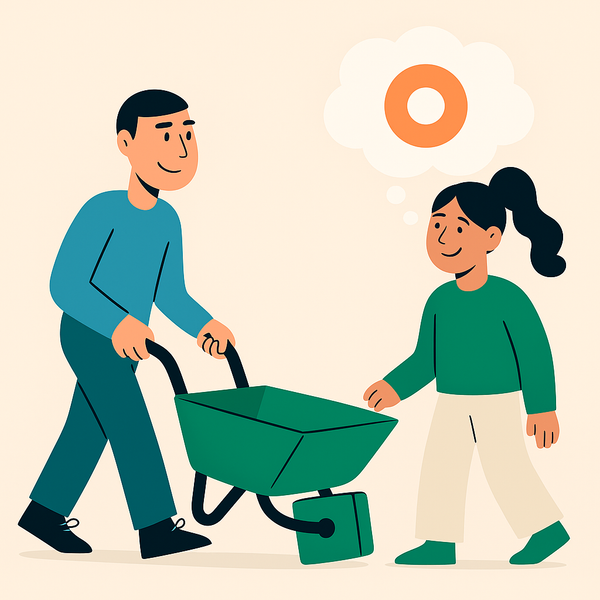 En illustrasjon av en mann som skyver en trillebår ved siden av en jente.