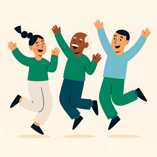 Tre personer som er glade og hopper samtidig.