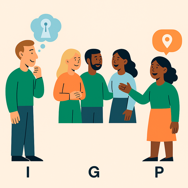 En illustrasjon av en gruppe mennesker med bokstavene I, G og P (individuell, gruppe, plenum)