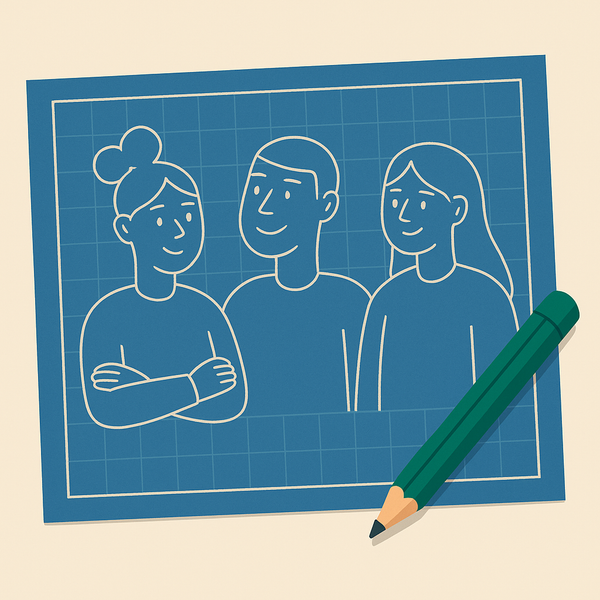 En blåkopi av tre personer med en blyant ved siden av dem.