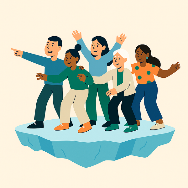 En gruppe mennesker står på et isflak.