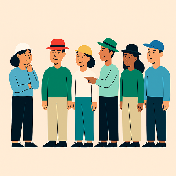 Seksmennesker står ved siden av hverandre, alle med ulike hatter på.