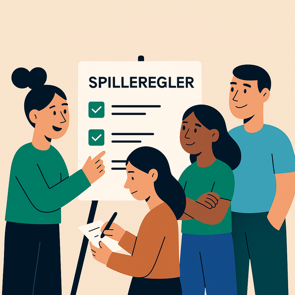 En gruppe mennesker står rundt et skilt hvor det står "spillerregler".