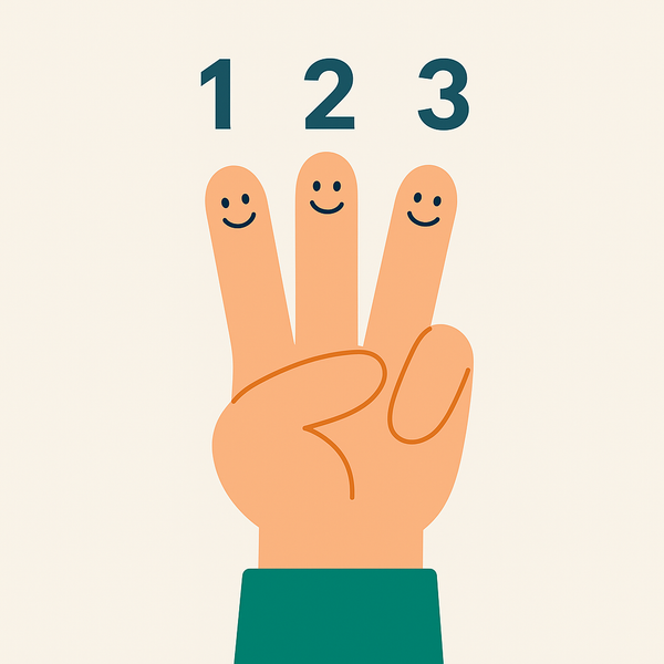 En hånd med smilefjes på fingrene og tallene 1, 2, 3.