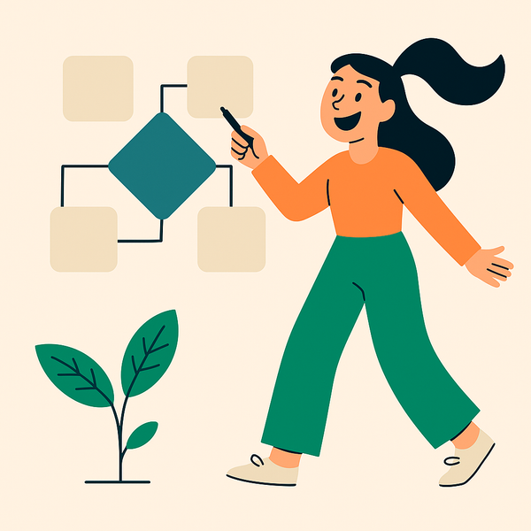 En tegneserietegning av en kvinne som holder en penn foran en planleggingsmodell