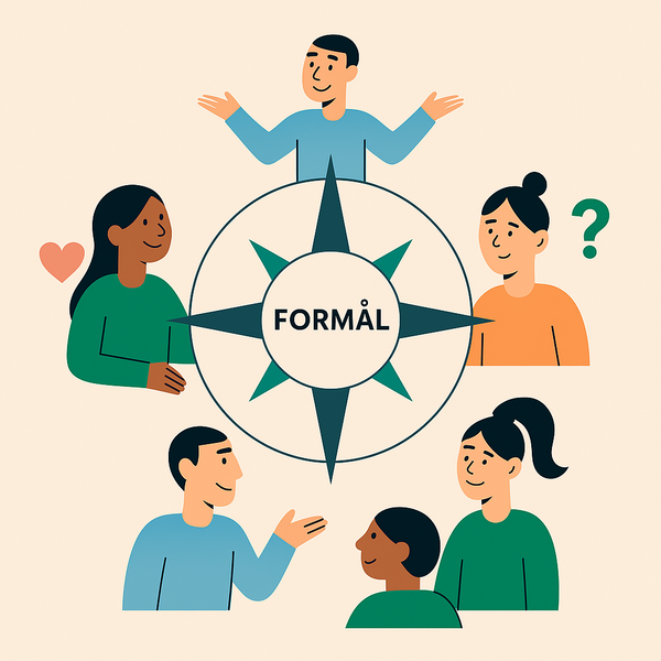 En gruppe mennesker rundt et kompass med ordet formål i midten.