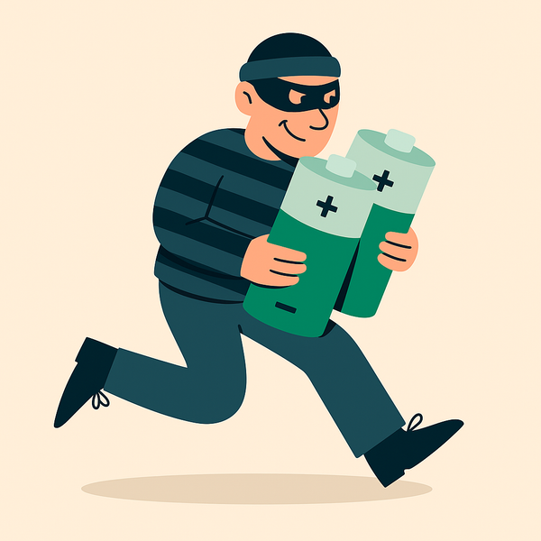 En tegneserie av en tyv som løper med to batterier i hendene.