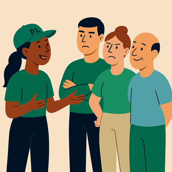 En kvinne som er prosessleder snakker til en gruppe mennesker der noen viser tydelig misnøye.