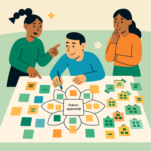 En gruppe mennesker sitter rundt et bord med klistrelapper på, og en av klistrelappene har teksten "fokus-spørsmål".