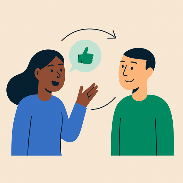 En mann og en kvinne snakker sammen, med en tommel opp i en snakkeboble.