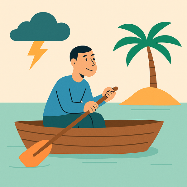 En mann i en båt med et palmetre i bakgrunnen.