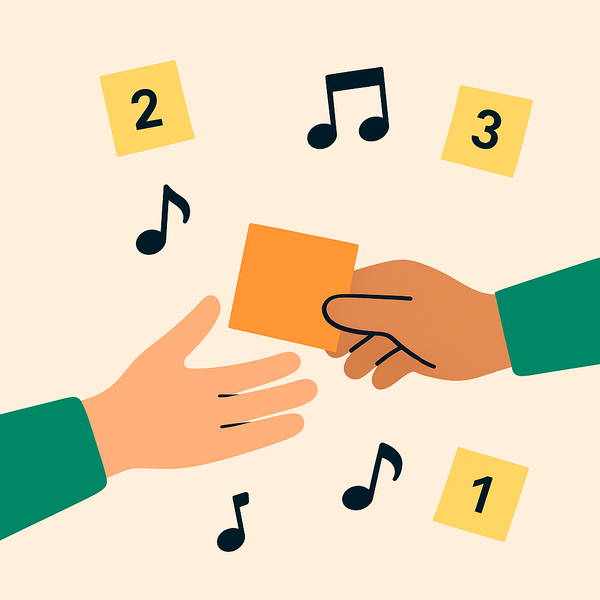 En hånd sender et kort til en annen hånd, det er musikknoter rundt og tall på små lapper.