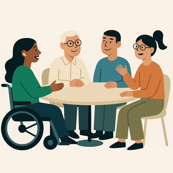 En kvinne i rullestol sitter ved et bord sammen med andre mennesker.