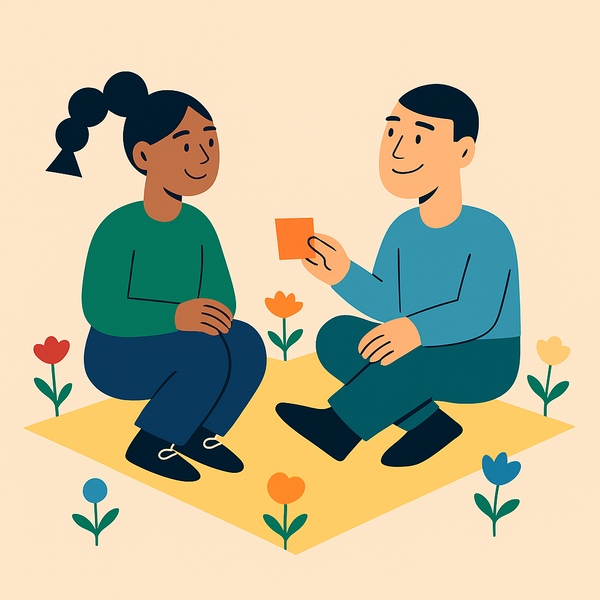 En illustrasjon av en mann og en kvinne som sitter på et teppe.