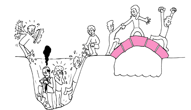 a black and white drawing of people on a bridge