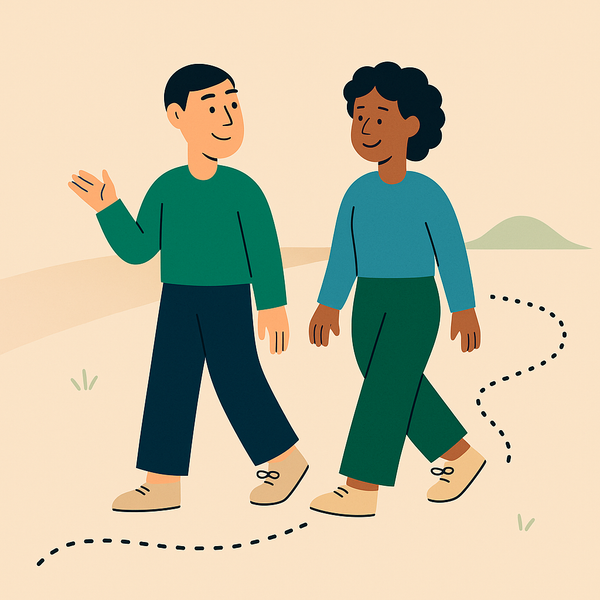 En illustrasjon av en mann og en kvinne som går og prater sammen.