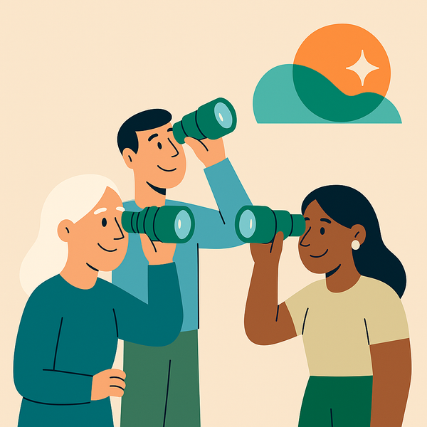 En mann og to kvinner ser gjennom kikkerter.