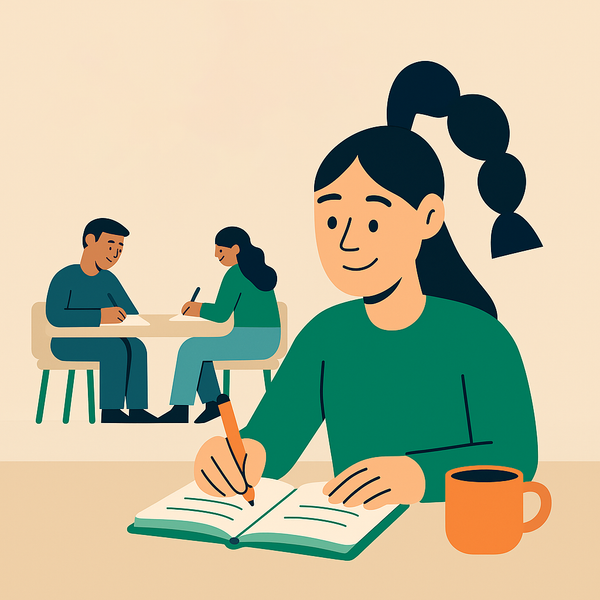 En illustrasjon av en kvinne som skriver i en notatbok.