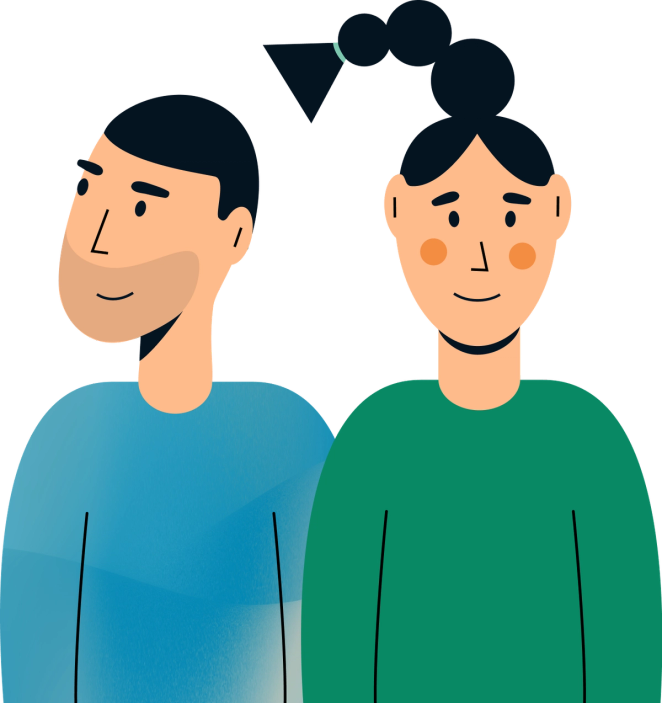 En fargerik illustrasjon som viser to mennesker. Den ene personen har på seg blå genser og ser til høyre, mens den andre personen har på seg grønn genser og ser rett mot oss.