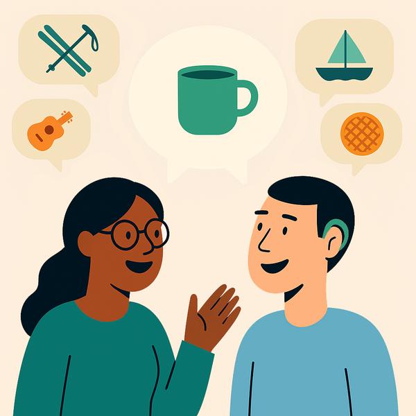 En mann og en kvinne snakker sammen med snakkebobler rundt dem.