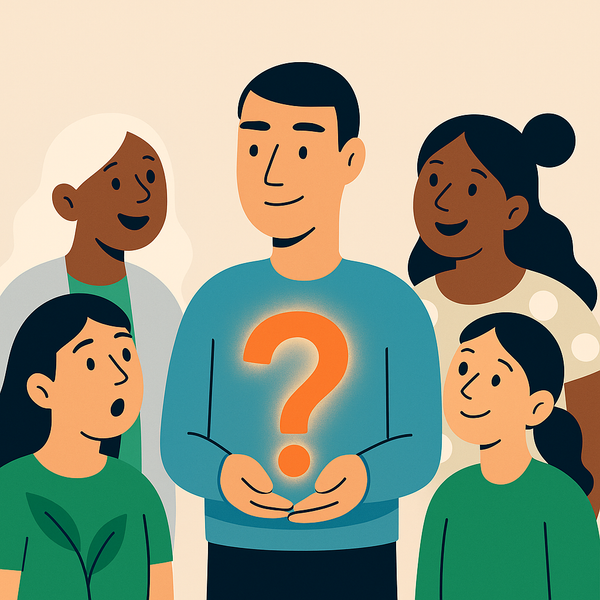 En gruppe mennesker står rundt en mann som holder et spørsmålstegn.
