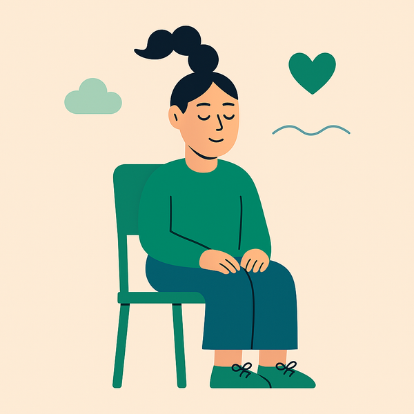 En illustrasjon av en kvinne som sitter i en stol med øynene lukket.