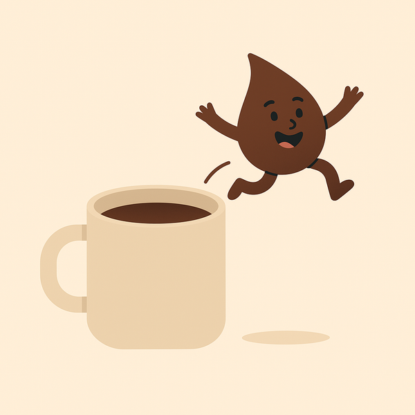 En tegneserieillustrasjon av en kaffedråpe som hopper over en kopp kaffe. Illustrasjon.