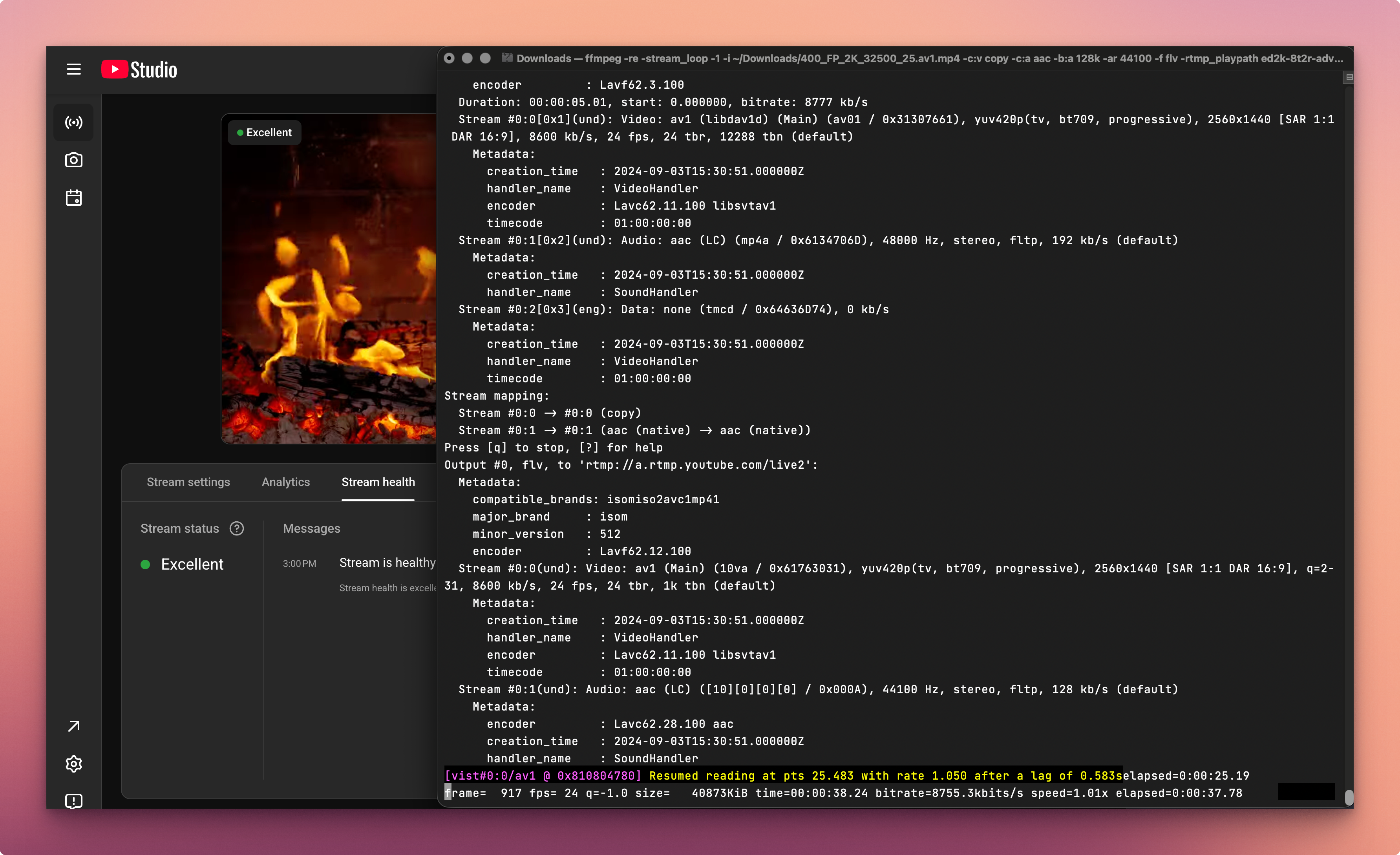 screenshot of ffmpeg stream on youtube