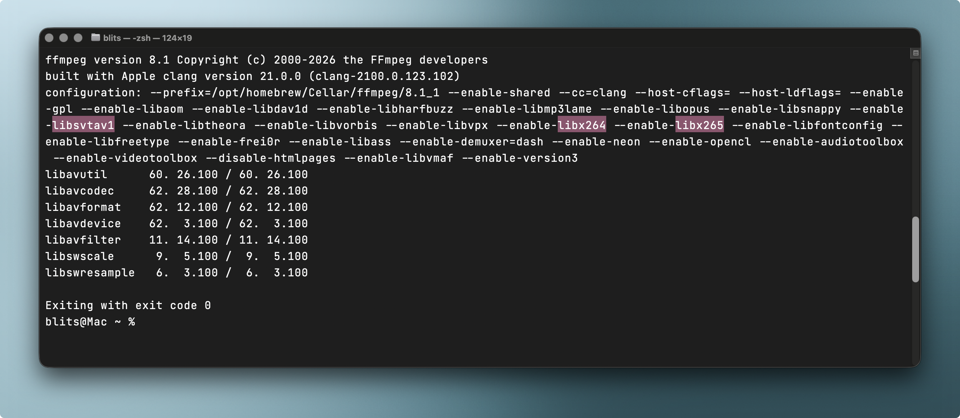 terminal output for ffmpeg -version