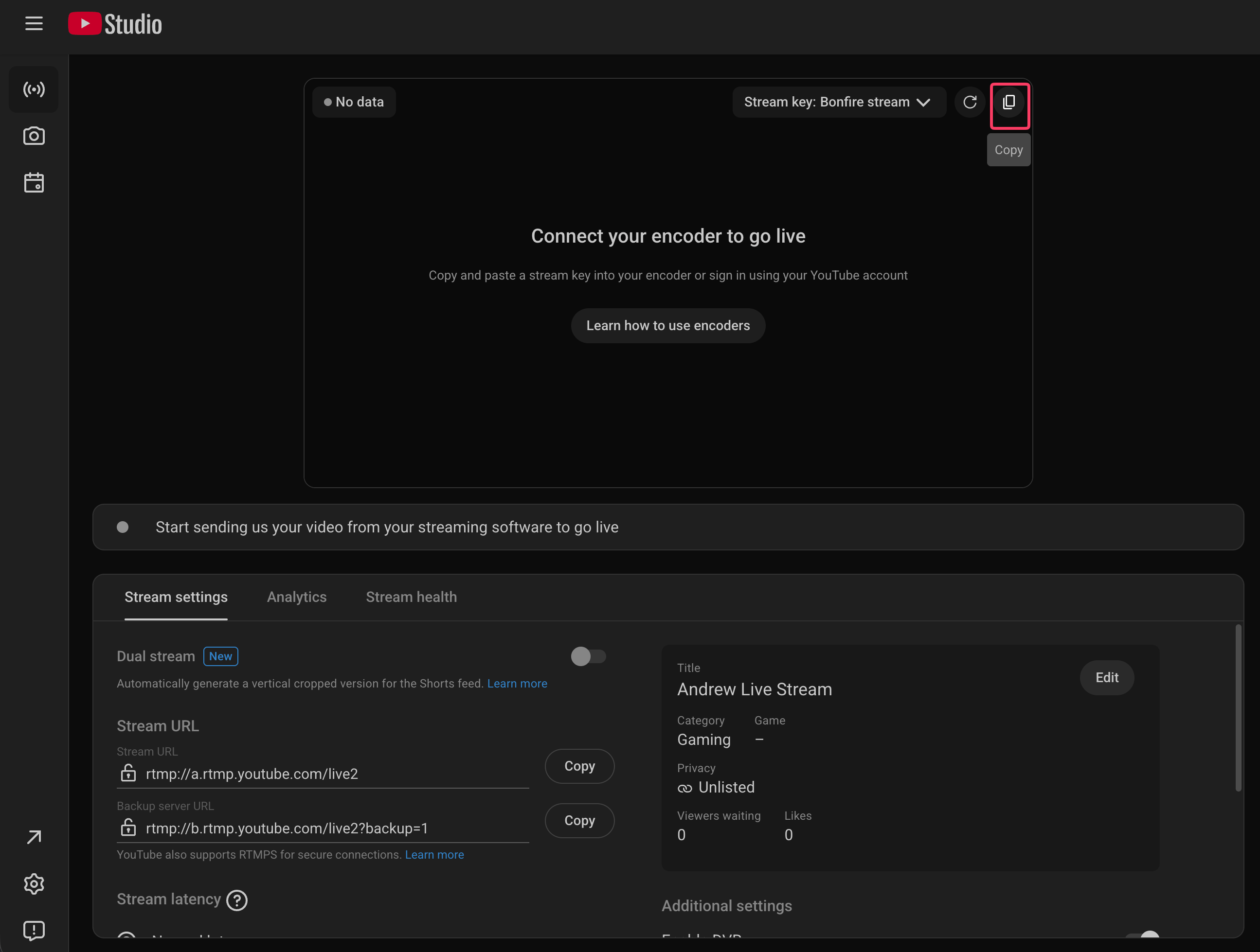 youtube studio view - how to copy rtmp key