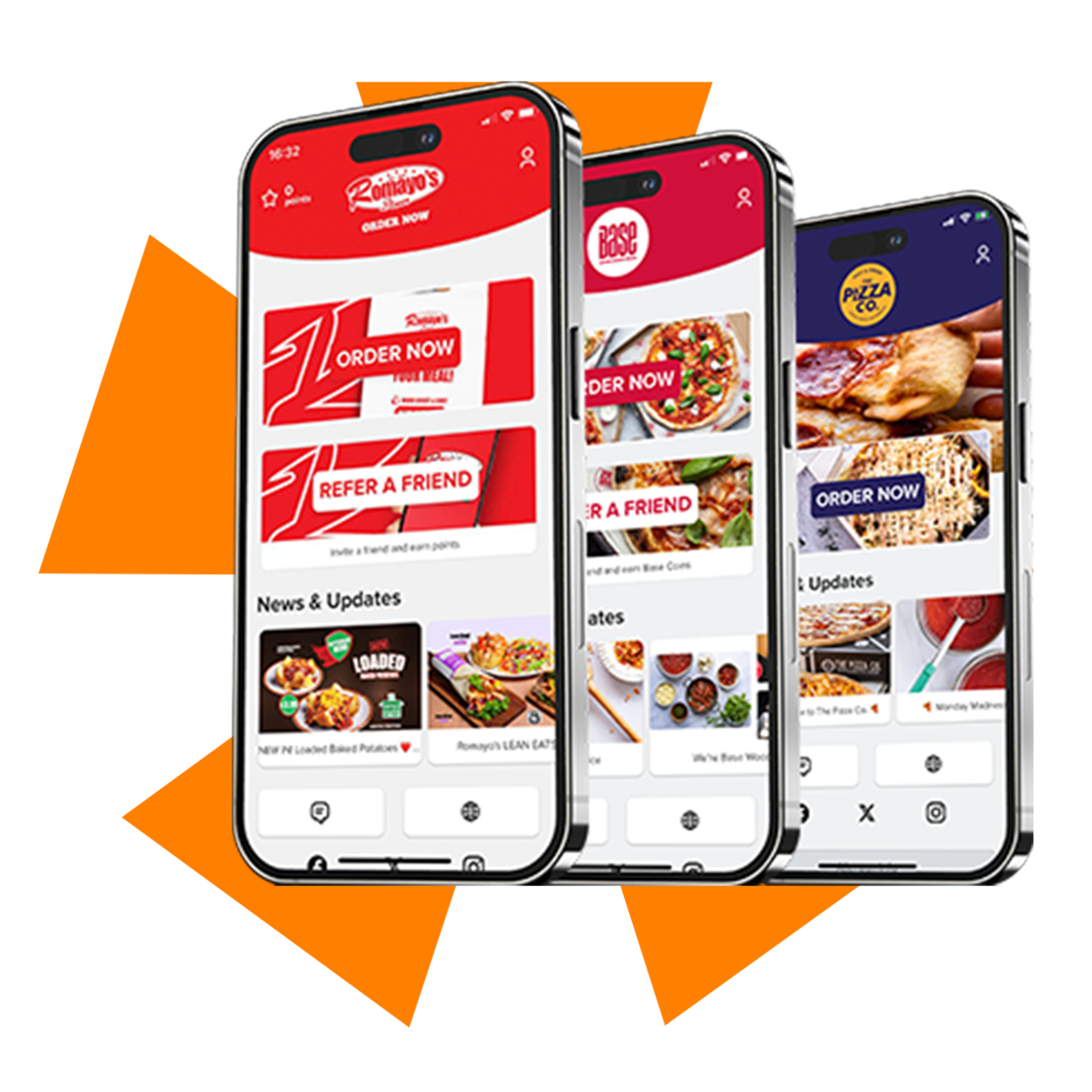 Custom-branded mobile apps for restaurants powered by BOSS IT hospitality software, featuring order now, refer-a-friend, and loyalty features