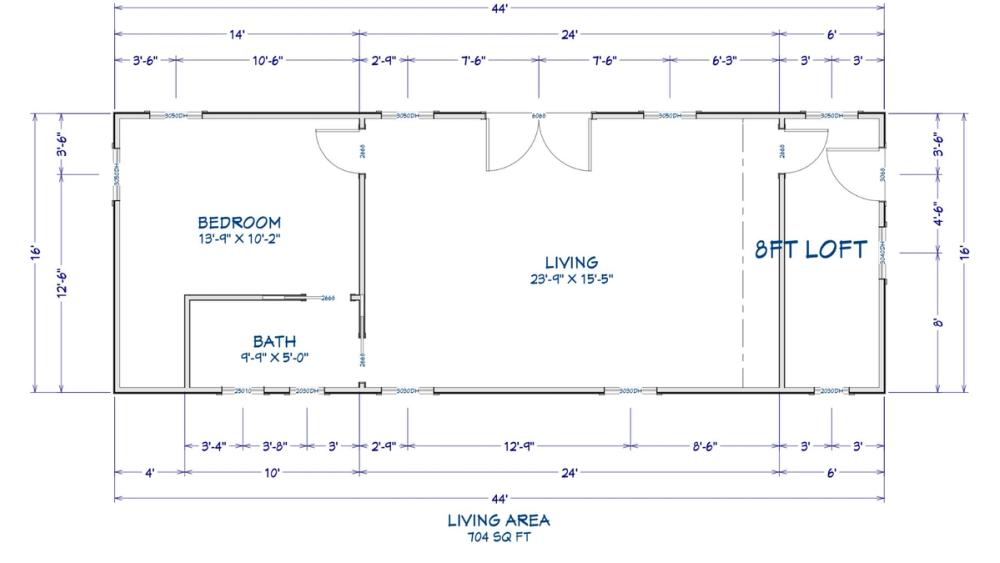 Floor plan for 16x44 Cabin Shell