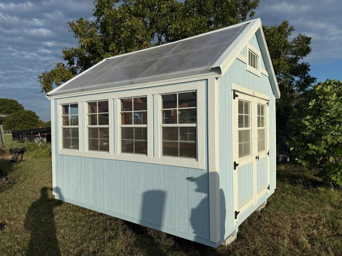 10x12 Gable Greenhouse With Shelving in Blum, TX — exterior