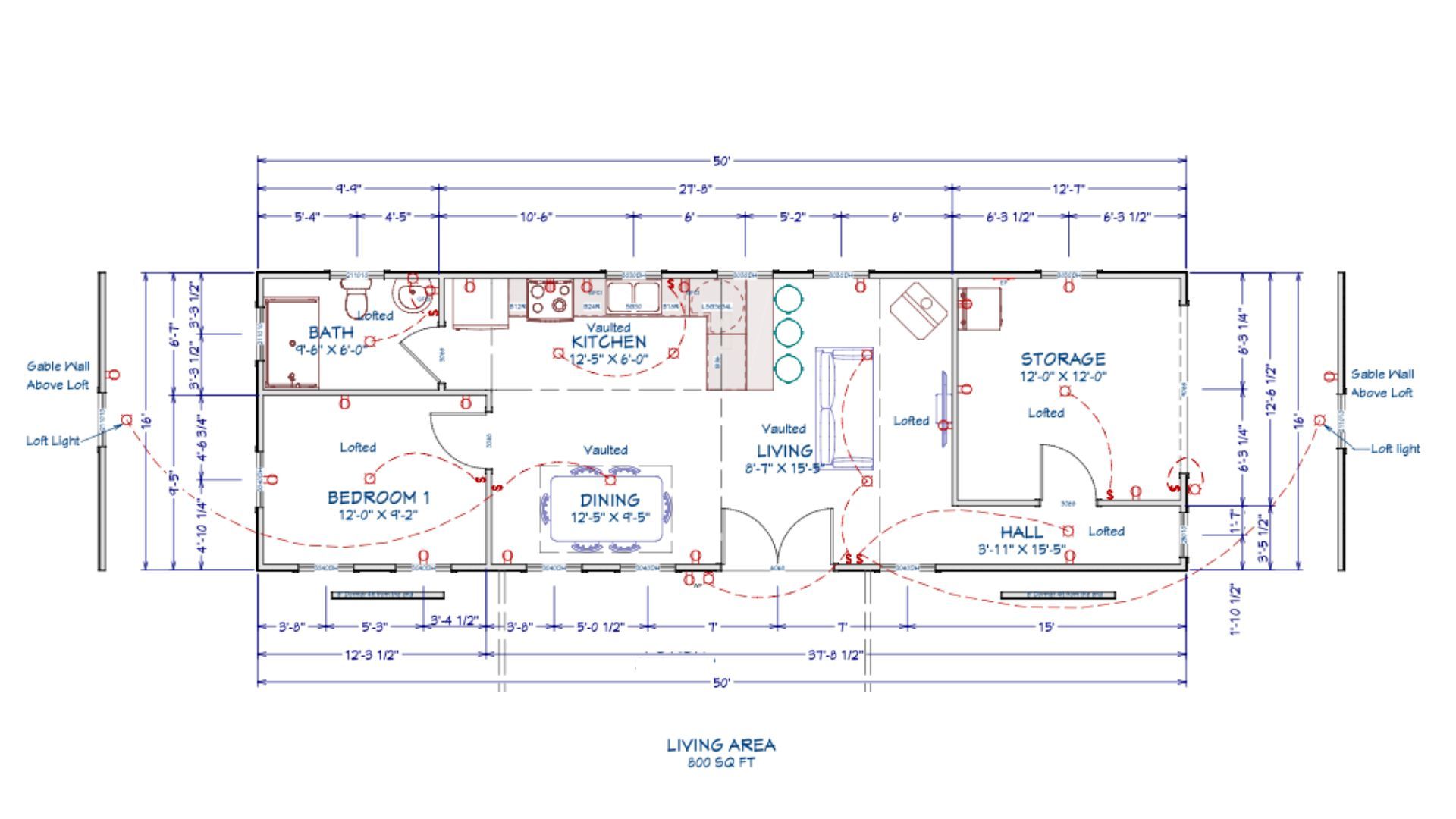 Floor plan for 16x50 Gambrel Cabin Shell