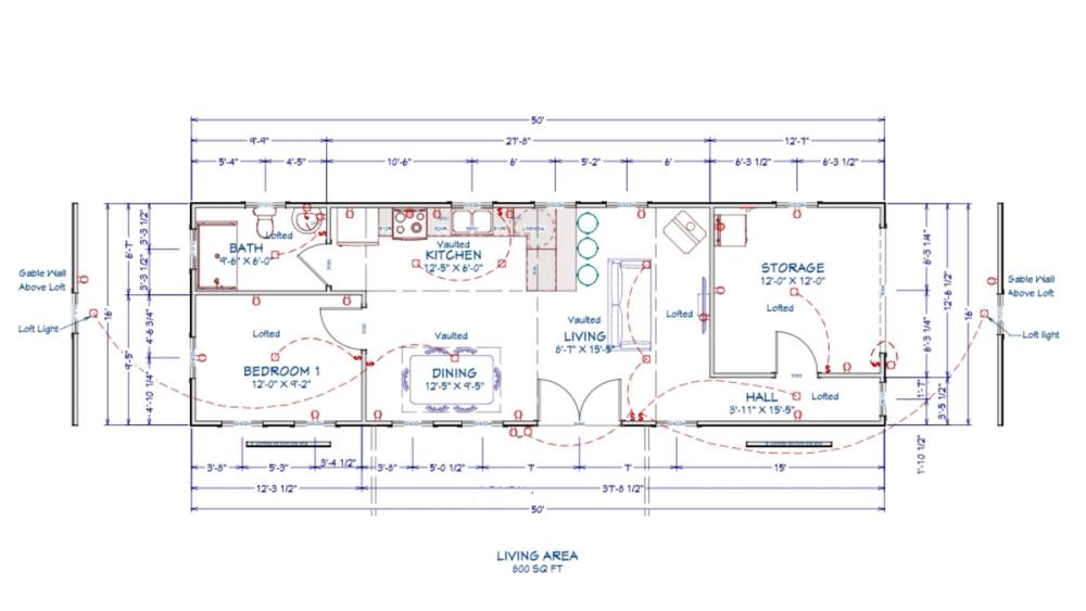 Floor plan for 16x50 Gambrel Cabin Shell
