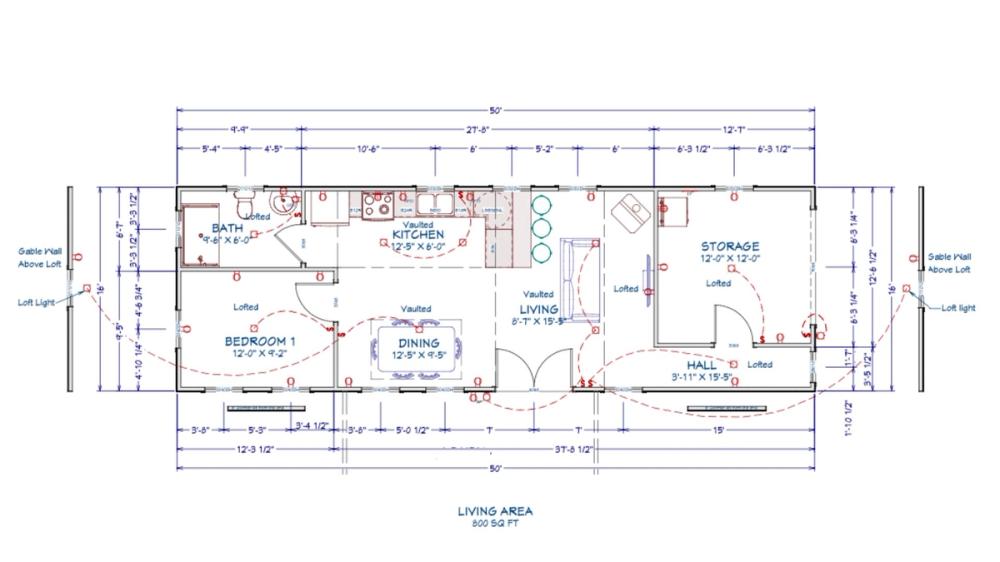 Floor plan for 16x50 Gambrel Cabin Shell