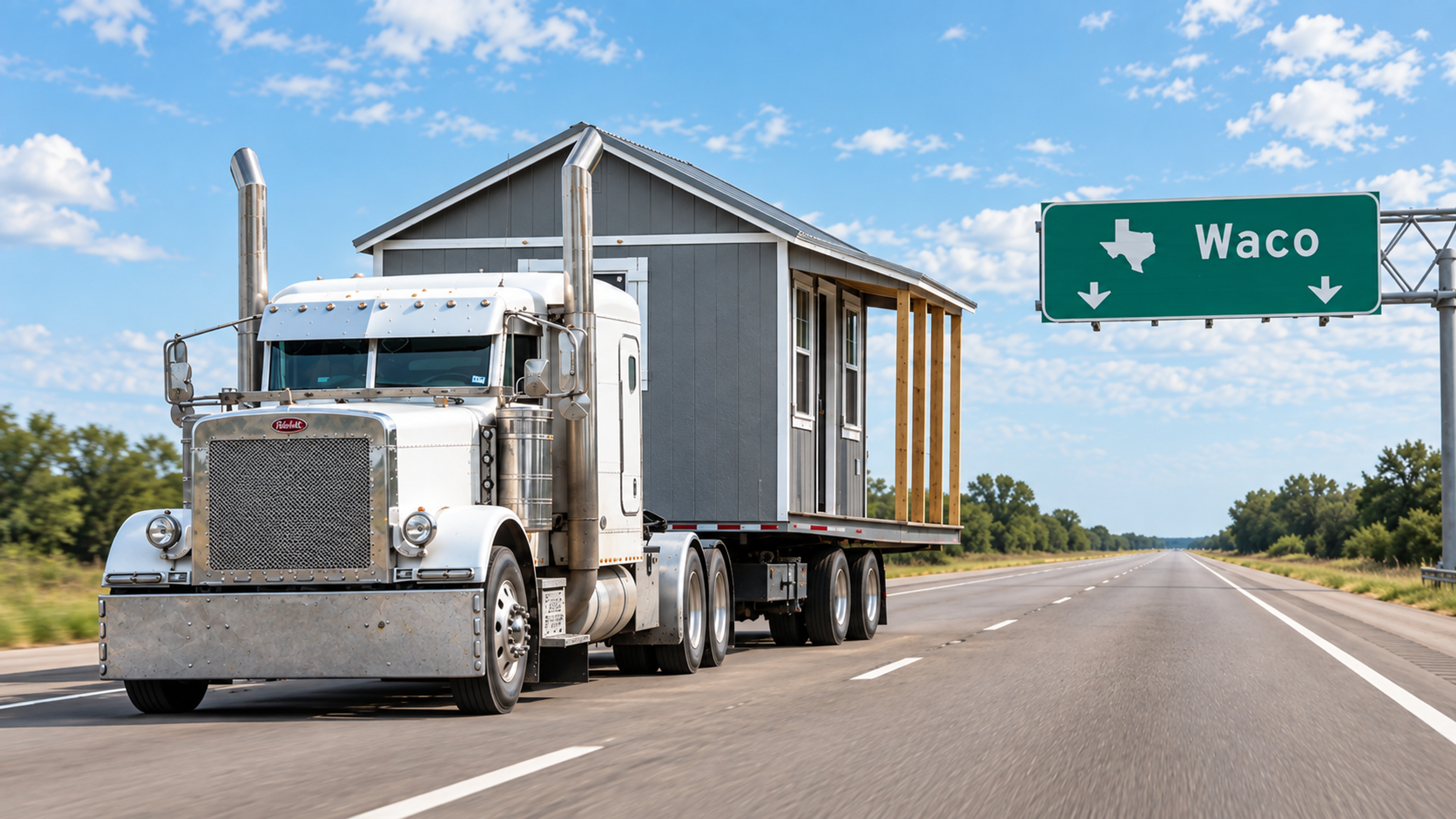 Eagle Ridge Barn Builders delivering a storage building to Waco, TX