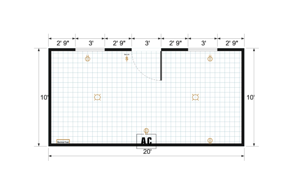 Floor plan for 10x20 Finished Gable Shed with A/C