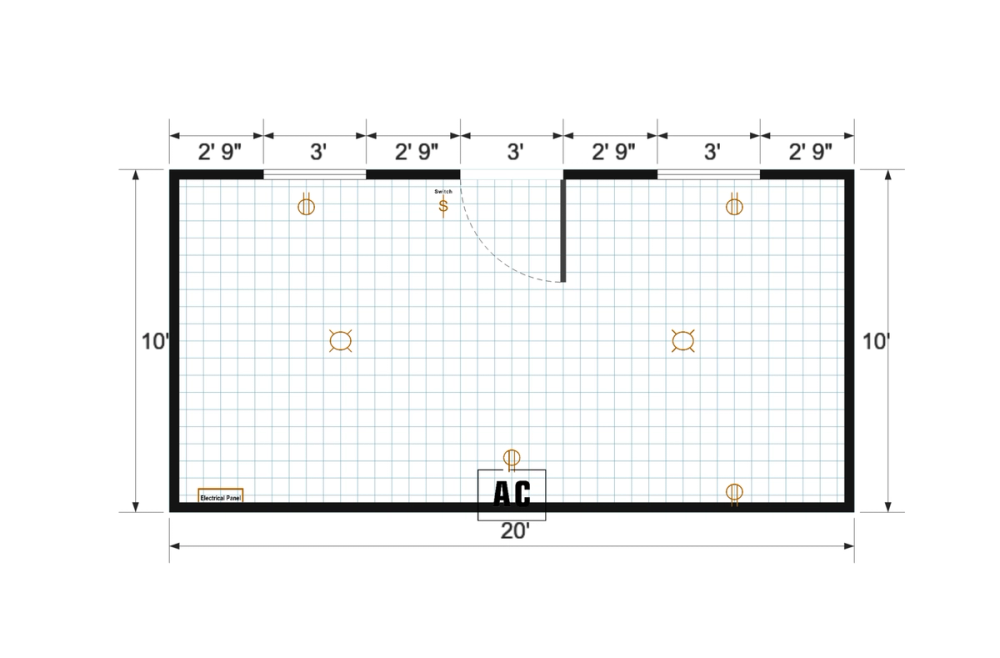 Floor plan for 10x20 Finished Gable Shed with A/C