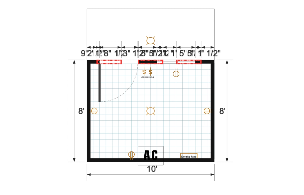 Floor plan for 8x10 Single Slope Cabin Shell with Finished Interior & A/C