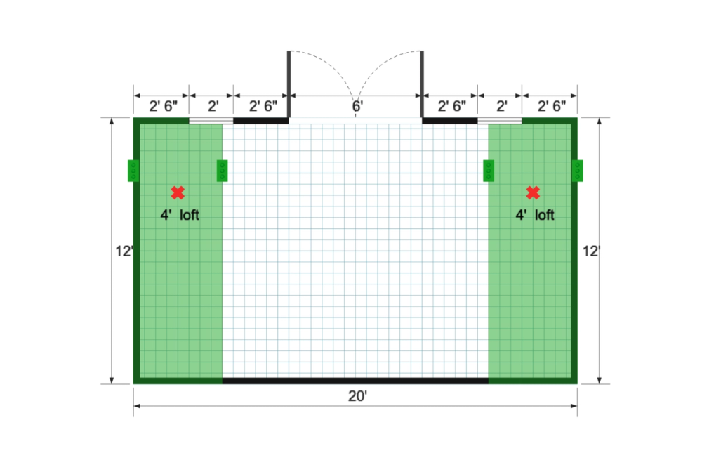 Floor plan for 12x20 Gable Shed with Double Lofts