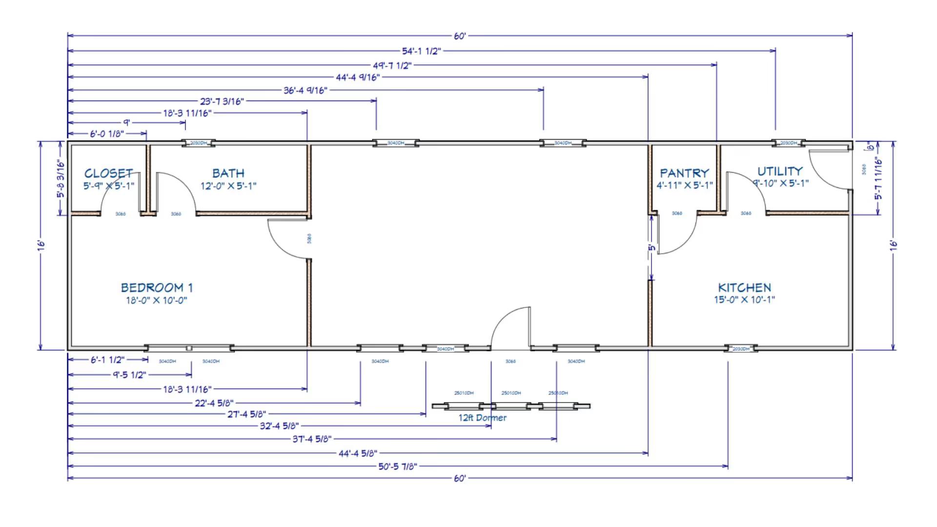 Floor plan for 16x60 Cabin Shell