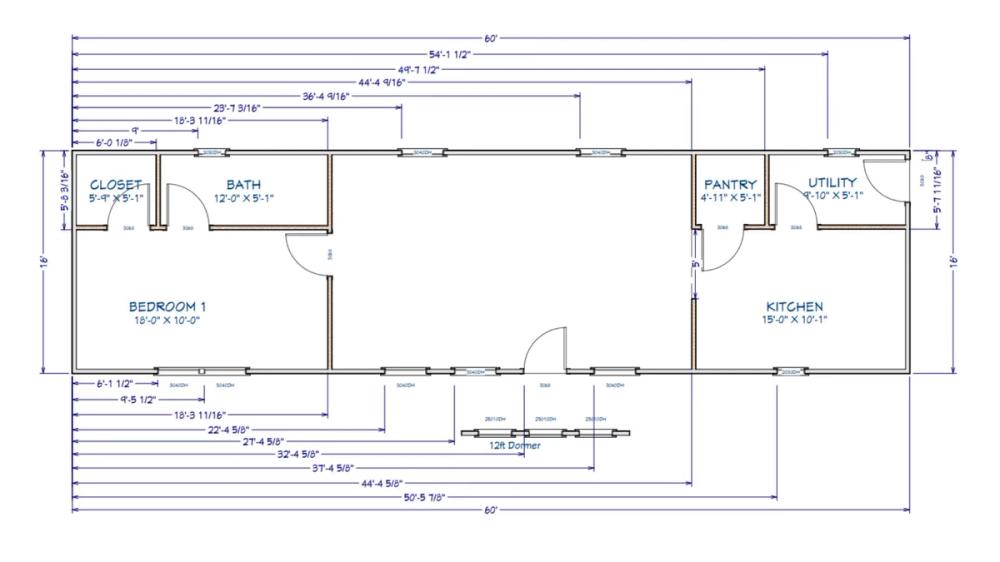 Floor plan for 16x60 Cabin Shell